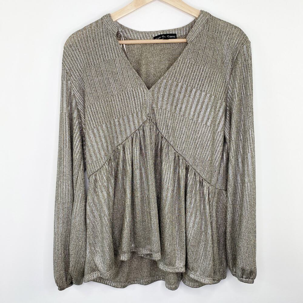 Kim & Cami Womens Silver Shimmer‎ Babydoll Top M V-Neck Peplum A2542-K073-MA